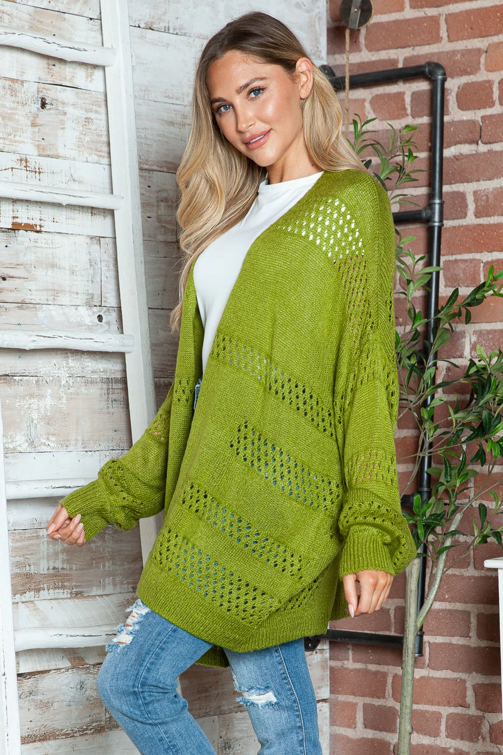 Openwork Open Front Long Sleeve Cardigan - Image 3