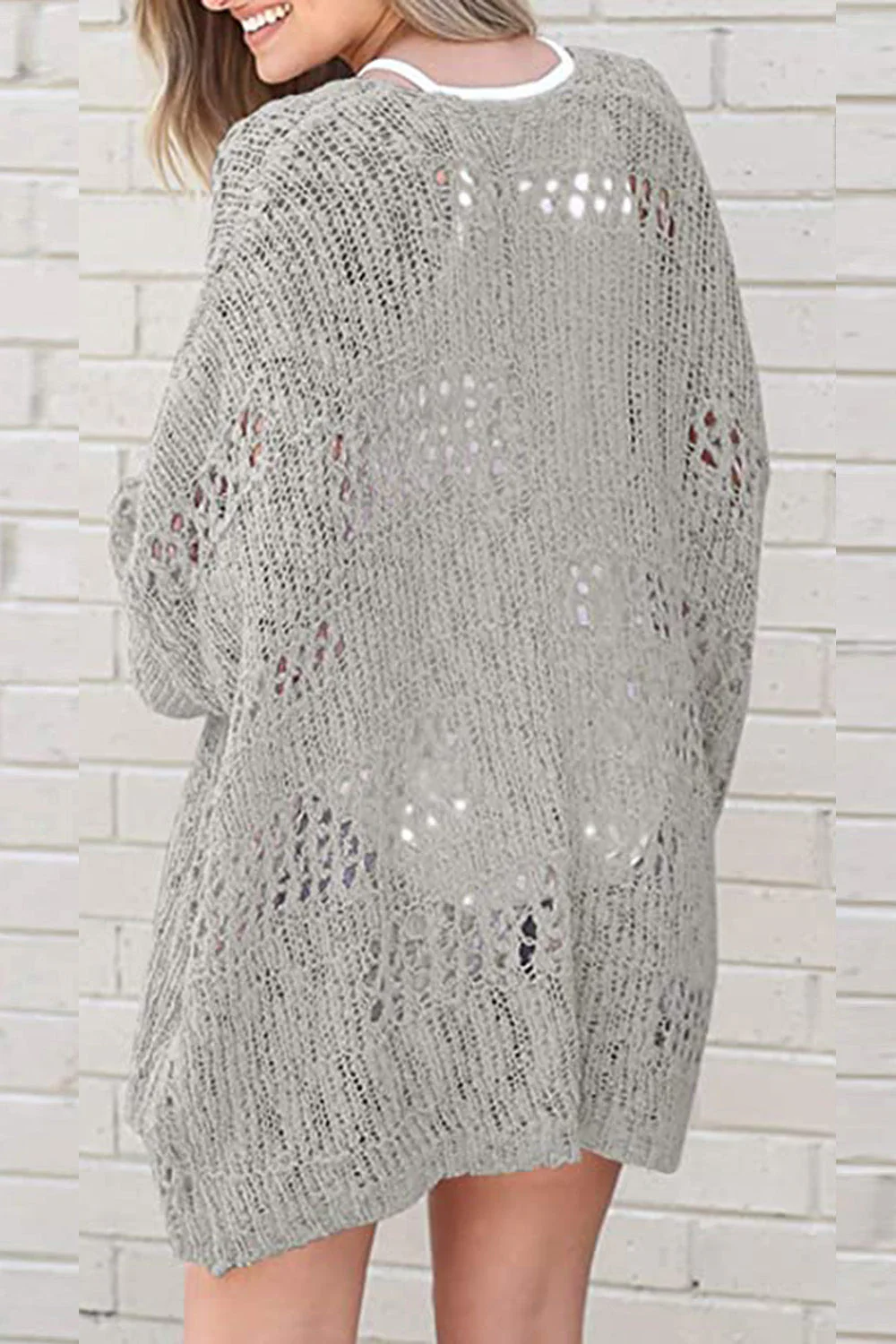 Openwork Open Front Long Sleeve Cardigan - Image 30