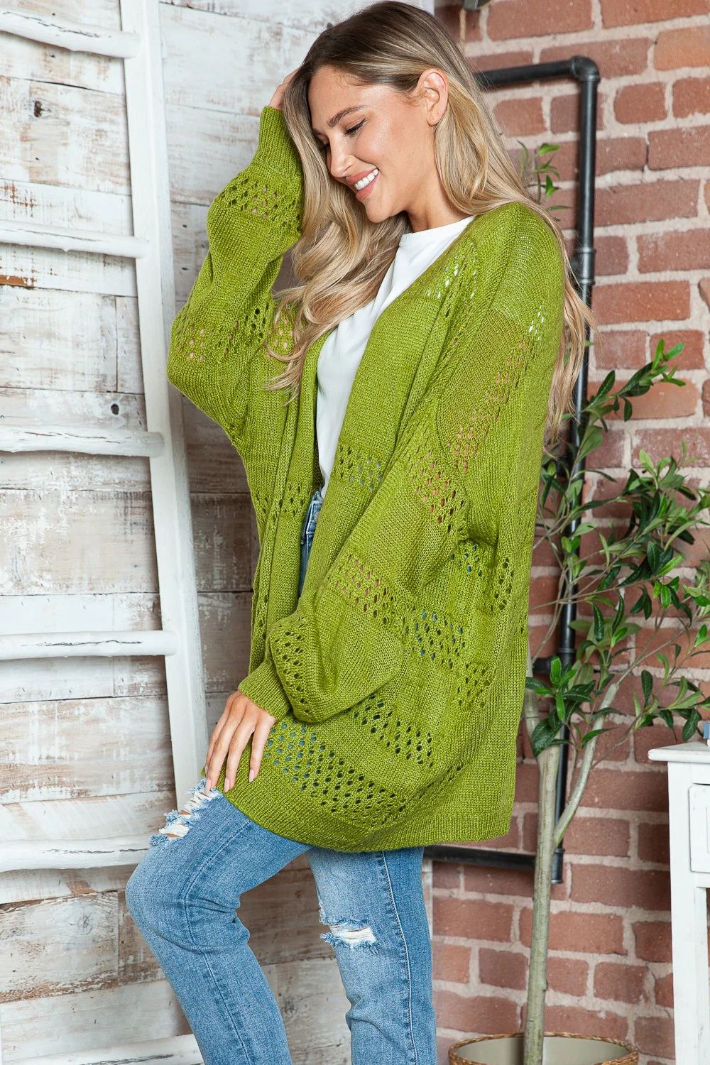 Openwork Open Front Long Sleeve Cardigan - Image 6