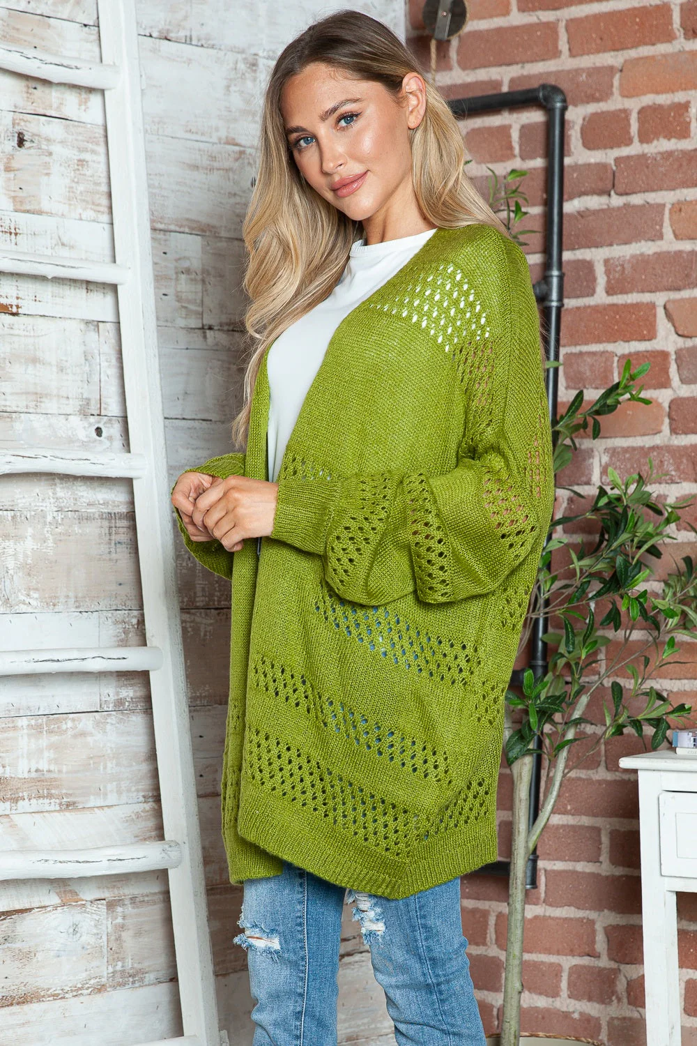 Openwork Open Front Long Sleeve Cardigan - Image 7