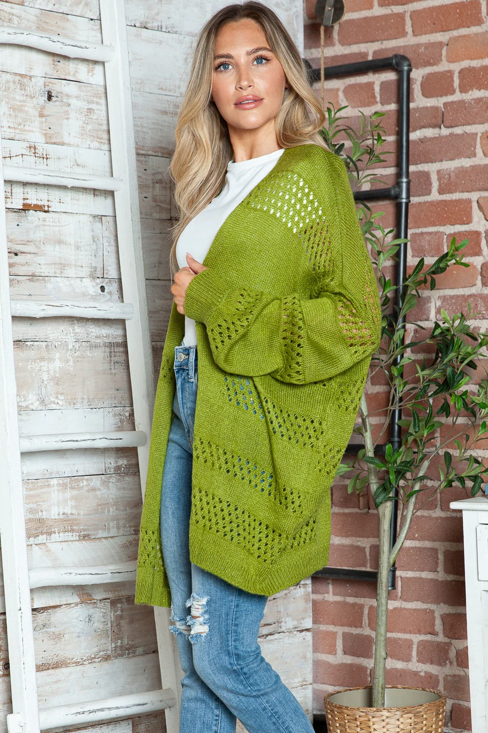 Openwork Open Front Long Sleeve Cardigan - Image 9
