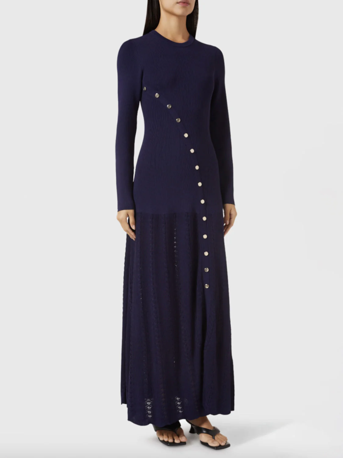 Openwork Round Neck Long Sleeve Sweater Dress - Image 2