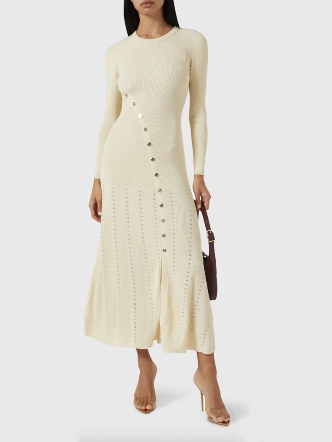Openwork Round Neck Long Sleeve Sweater Dress - Image 4