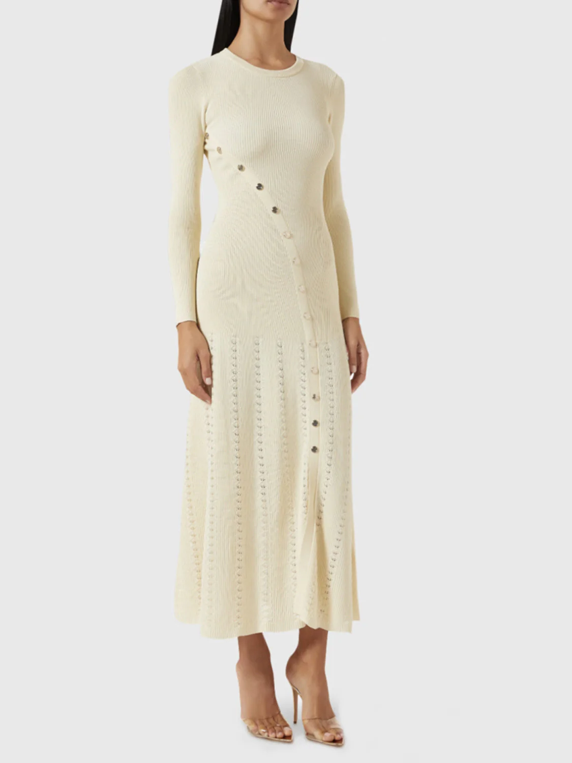 Openwork Round Neck Long Sleeve Sweater Dress - Image 5