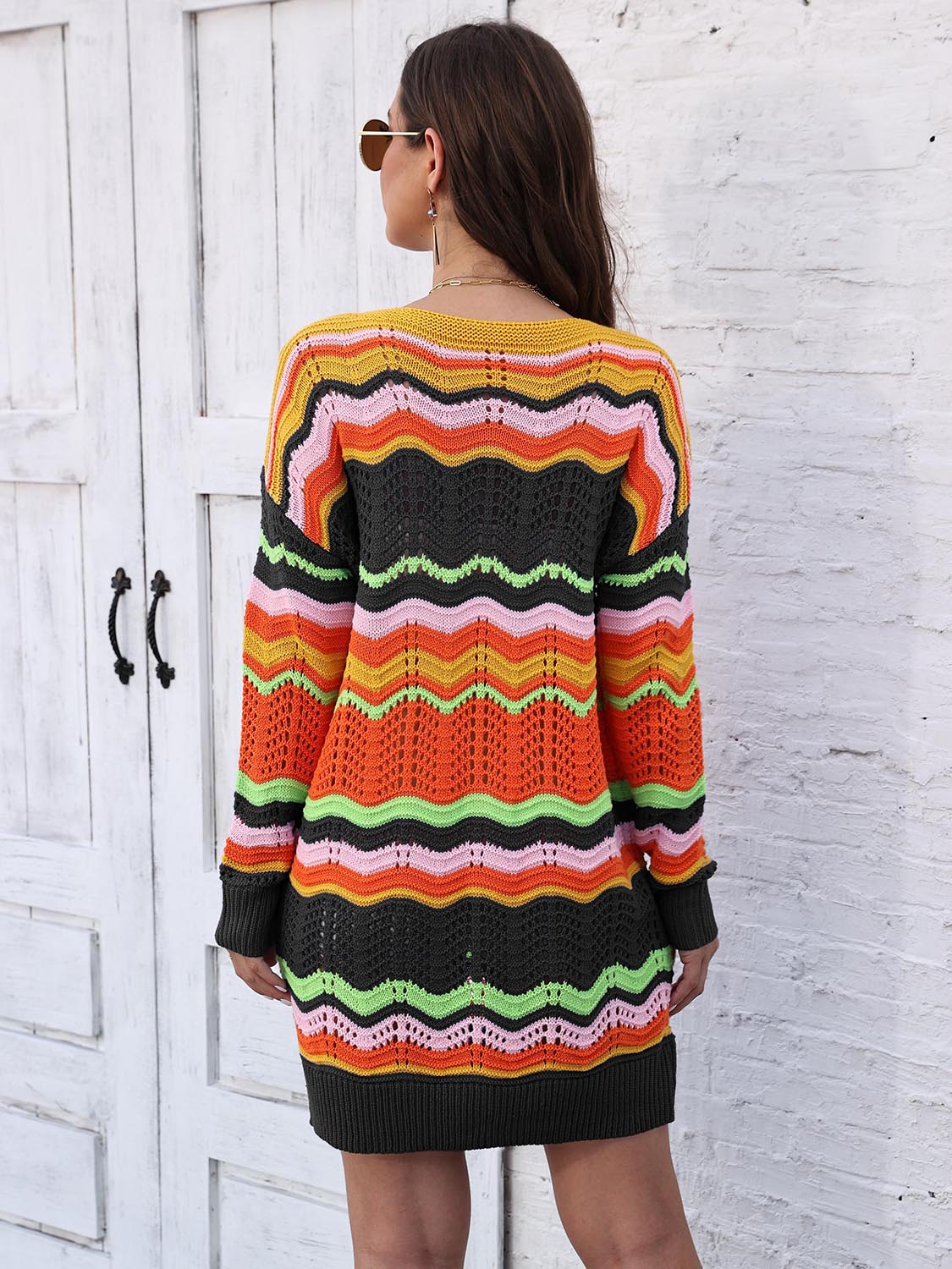 Openwork Round Neck Sweater Dress - Image 2