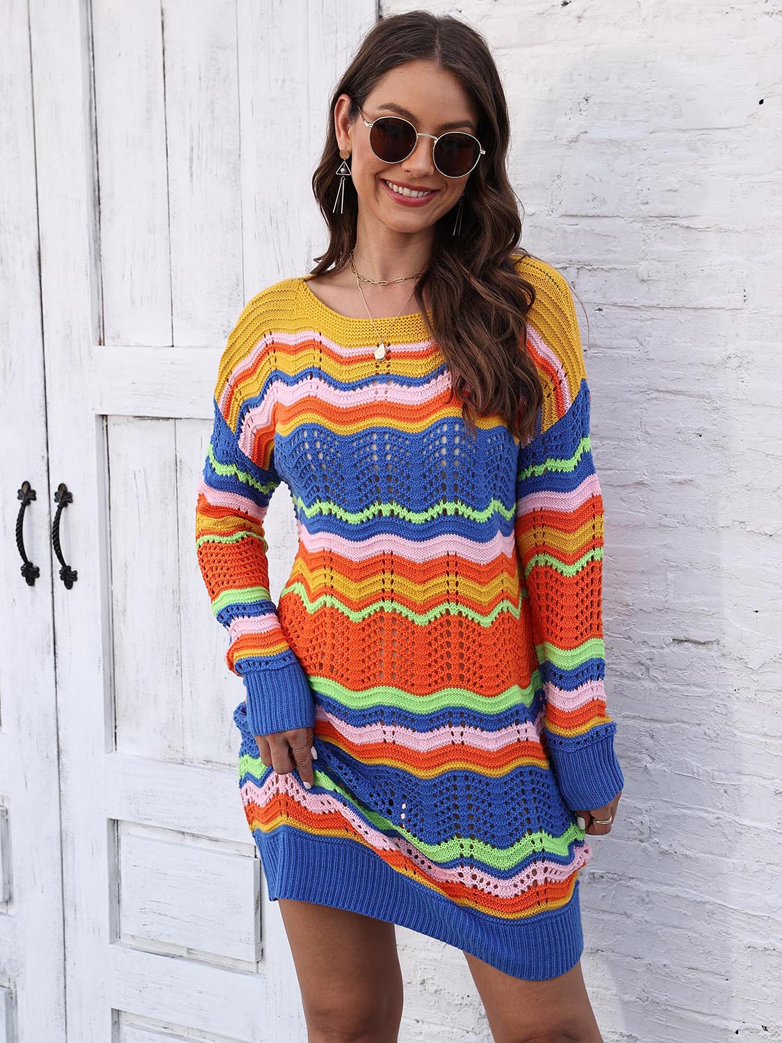 Openwork Round Neck Sweater Dress - Image 4