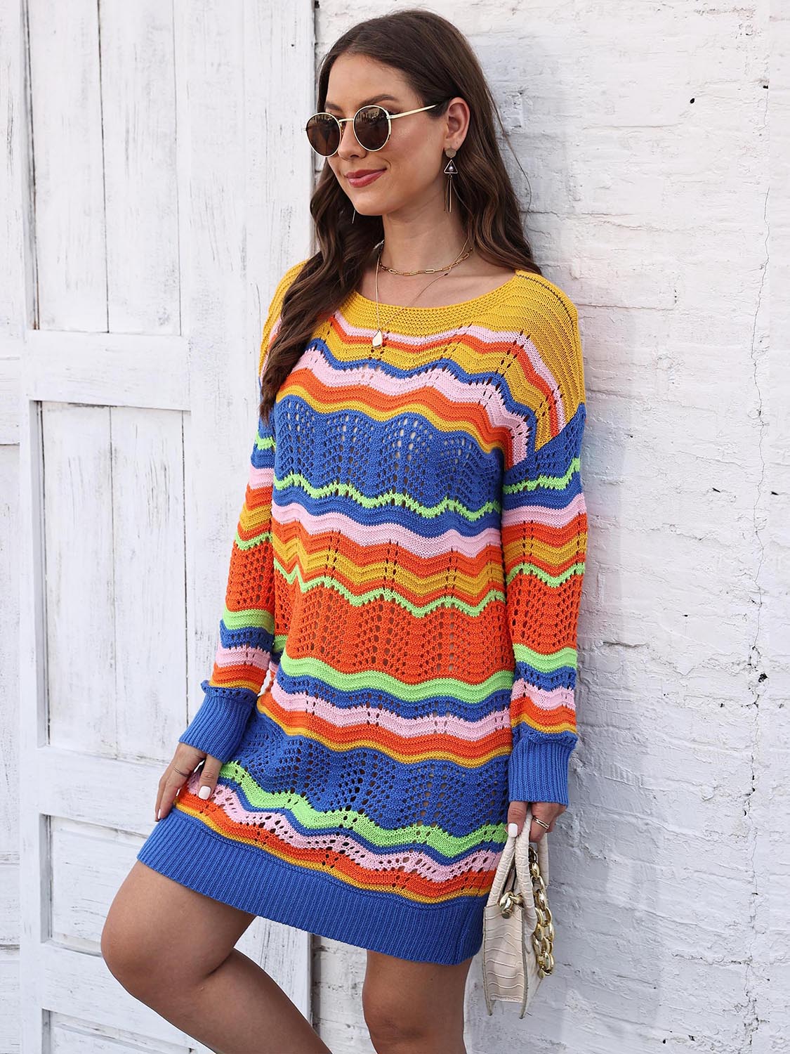 Openwork Round Neck Sweater Dress - Image 5