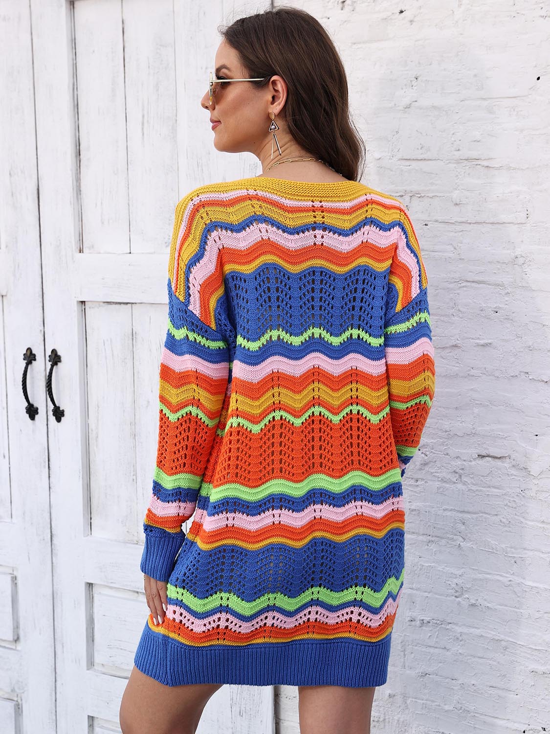 Openwork Round Neck Sweater Dress - Image 6