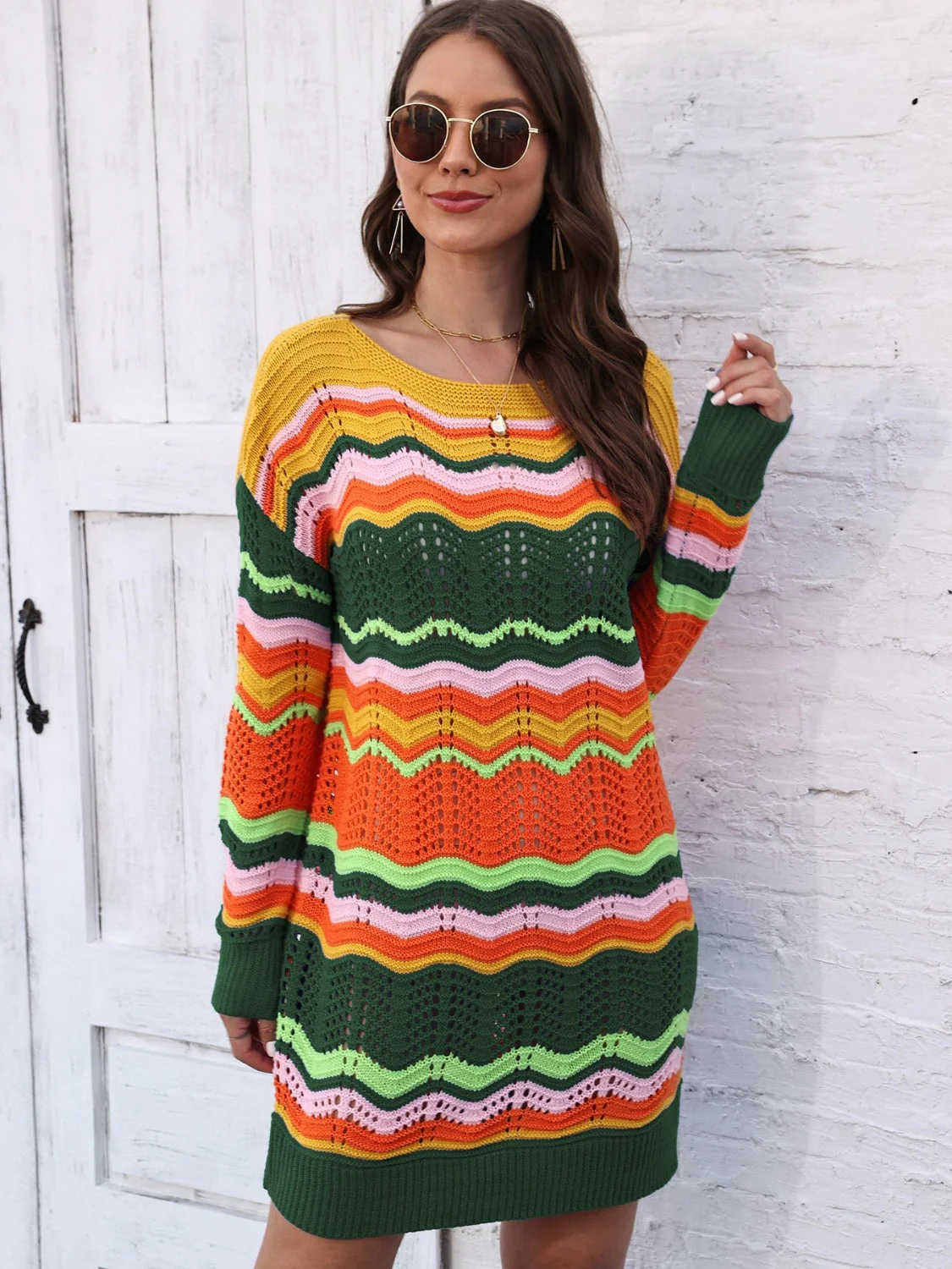 Openwork Round Neck Sweater Dress - Image 7