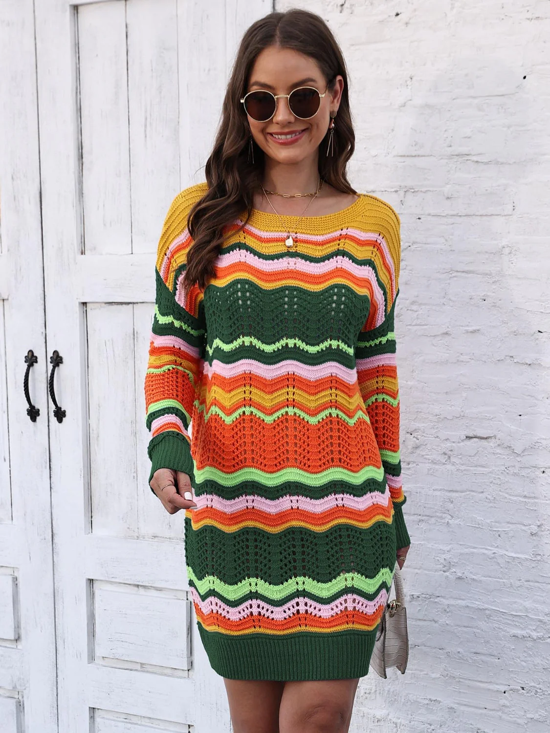 Openwork Round Neck Sweater Dress - Image 8