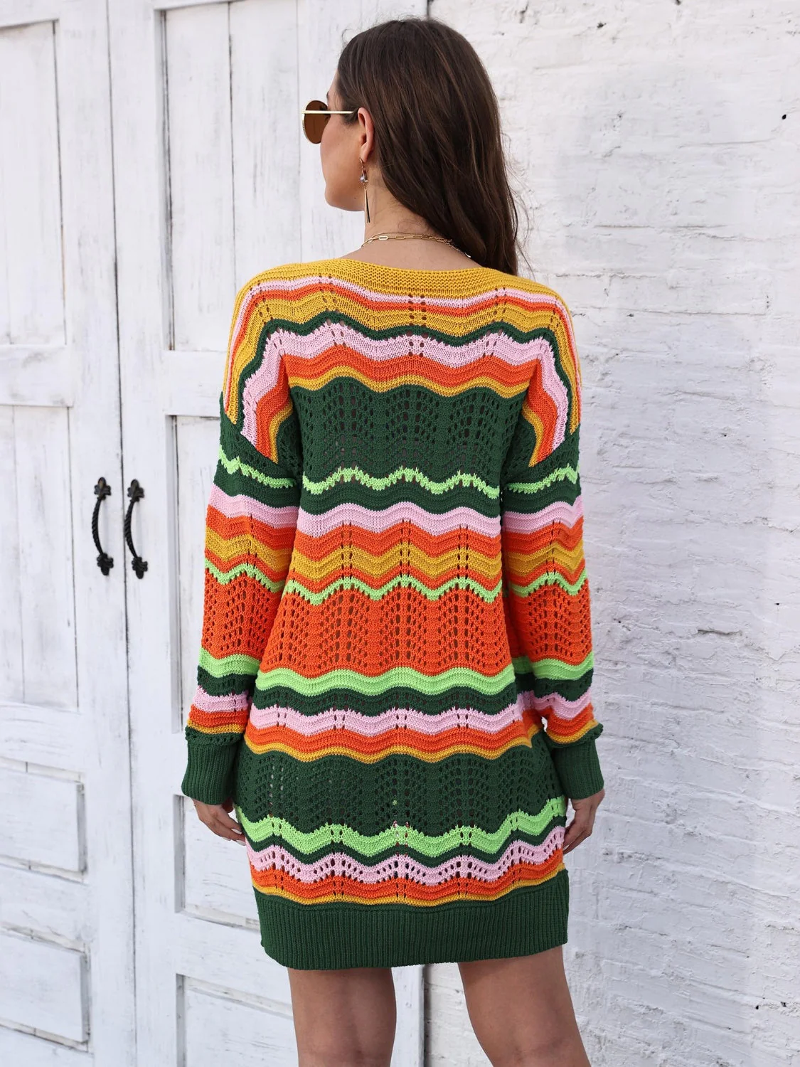 Openwork Round Neck Sweater Dress - Image 9