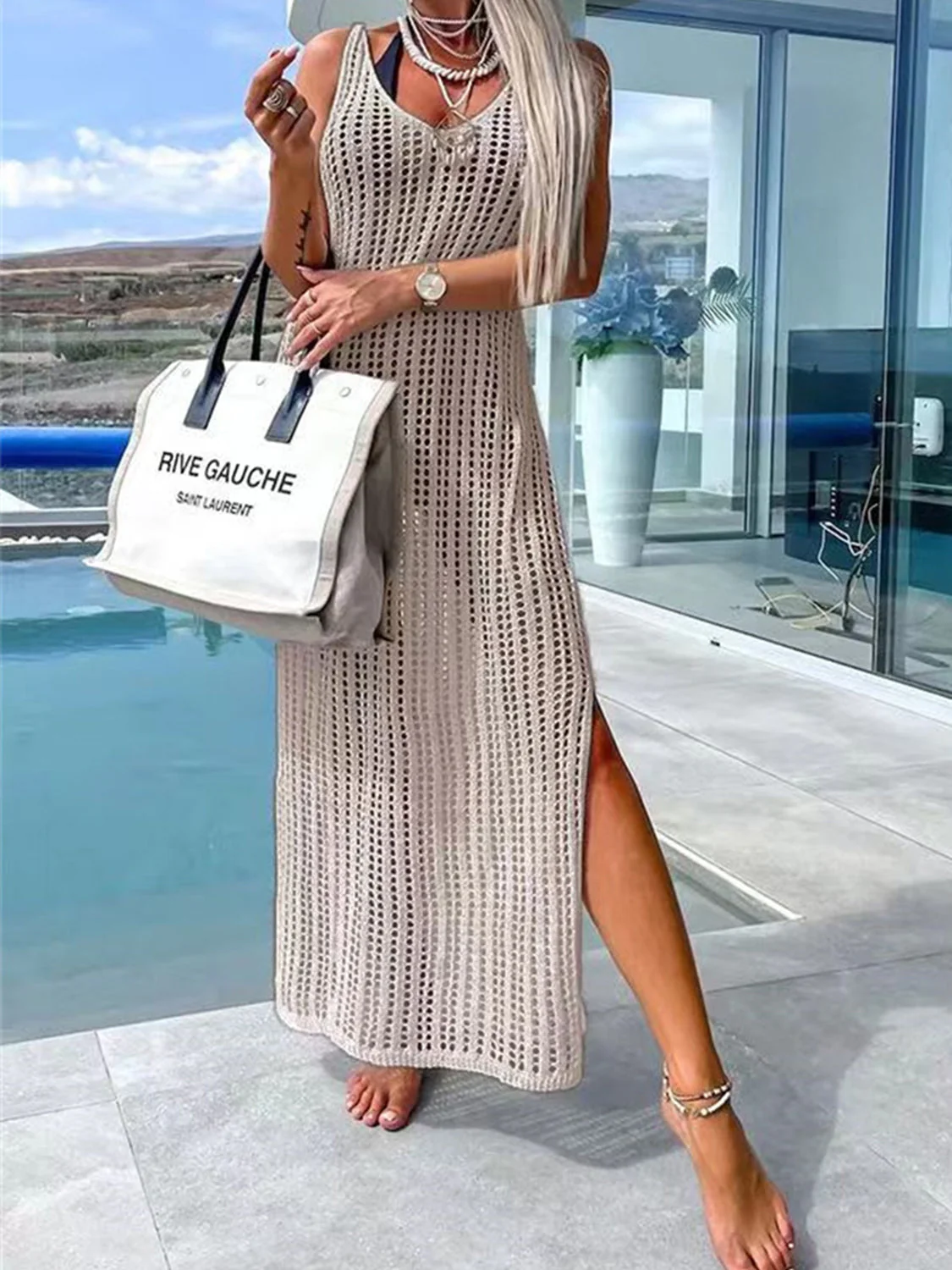 Openwork Slit Cutout Wide Strap Dress - Image 10