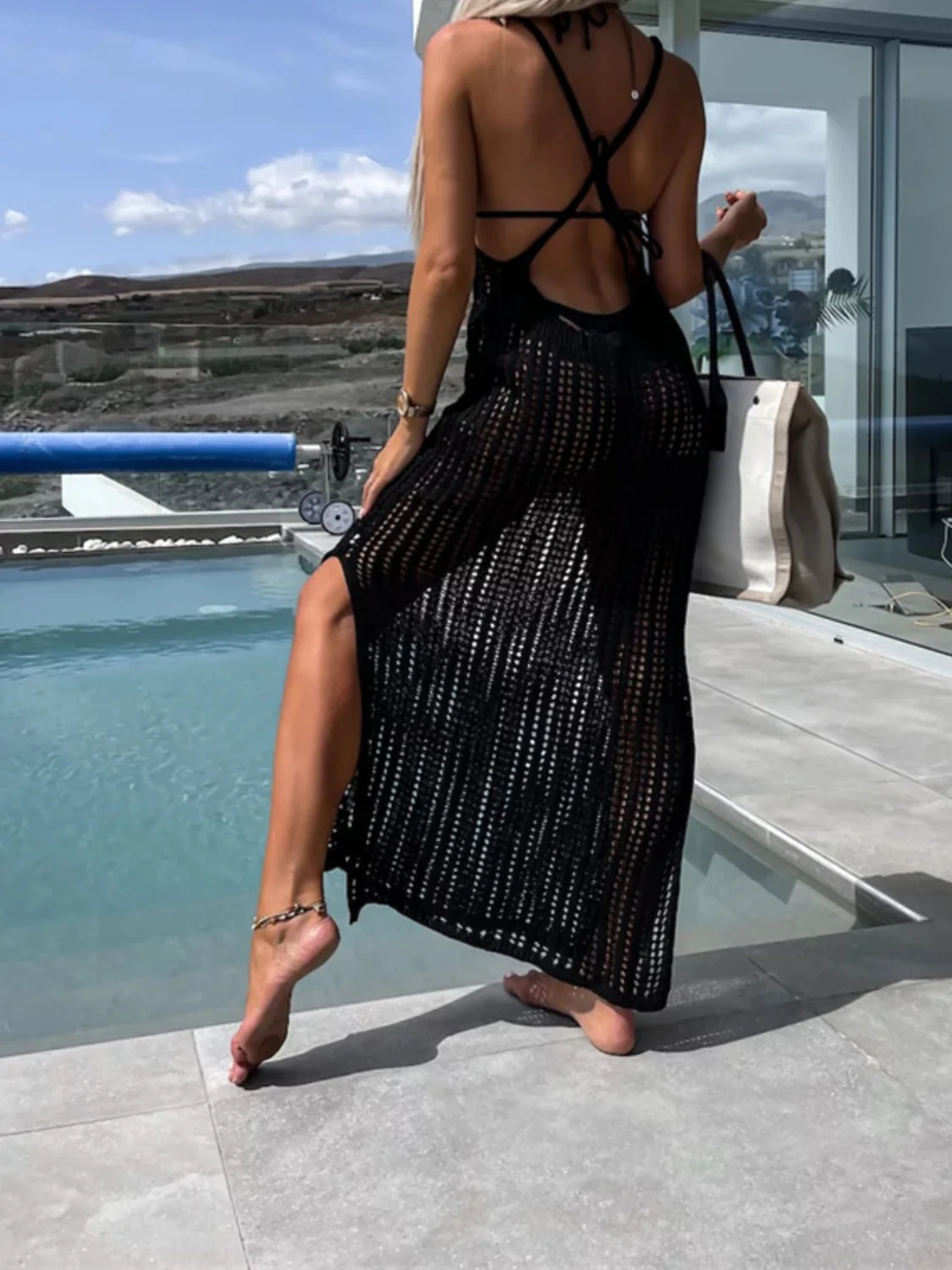 Openwork Slit Cutout Wide Strap Dress - Image 13