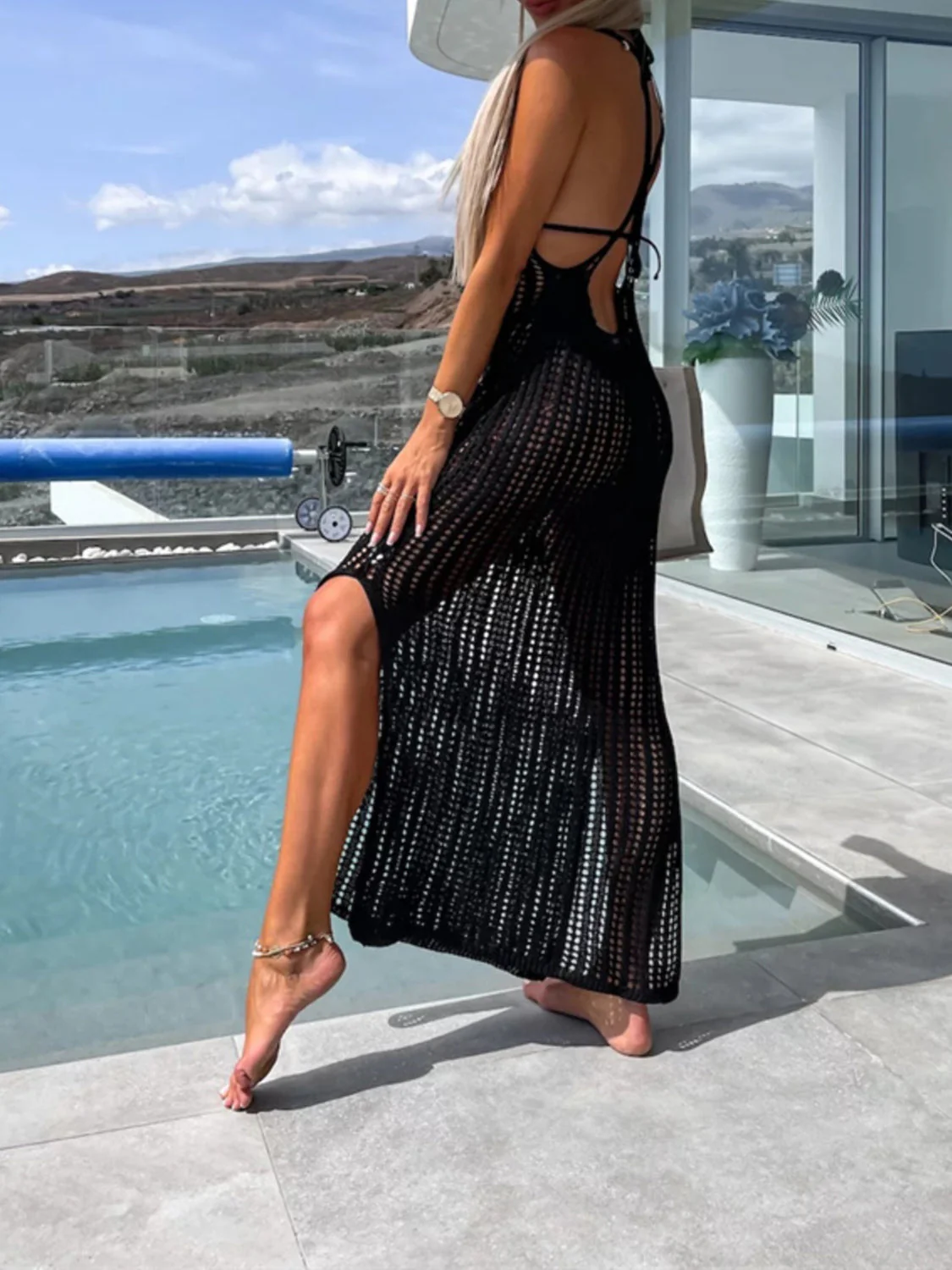Openwork Slit Cutout Wide Strap Dress - Image 14