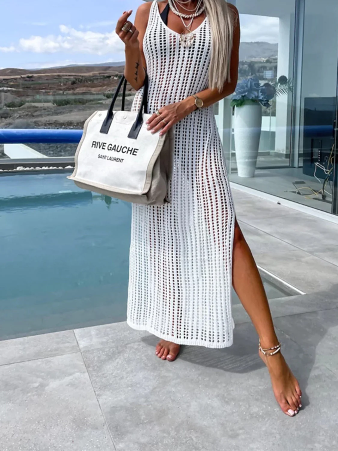 Openwork Slit Cutout Wide Strap Dress - Image 16