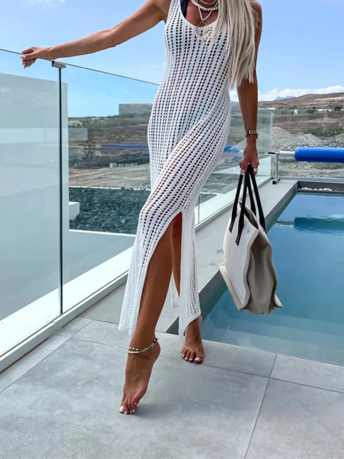 Openwork Slit Cutout Wide Strap Dress - Image 19