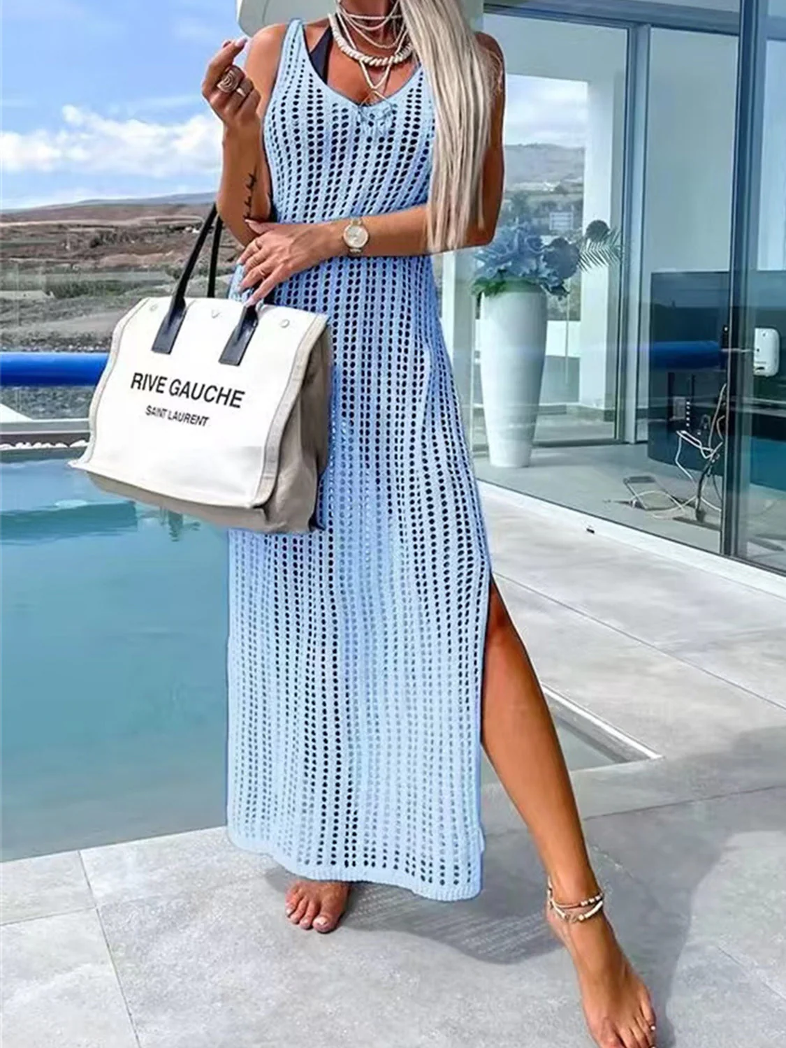 Openwork Slit Cutout Wide Strap Dress - Image 7