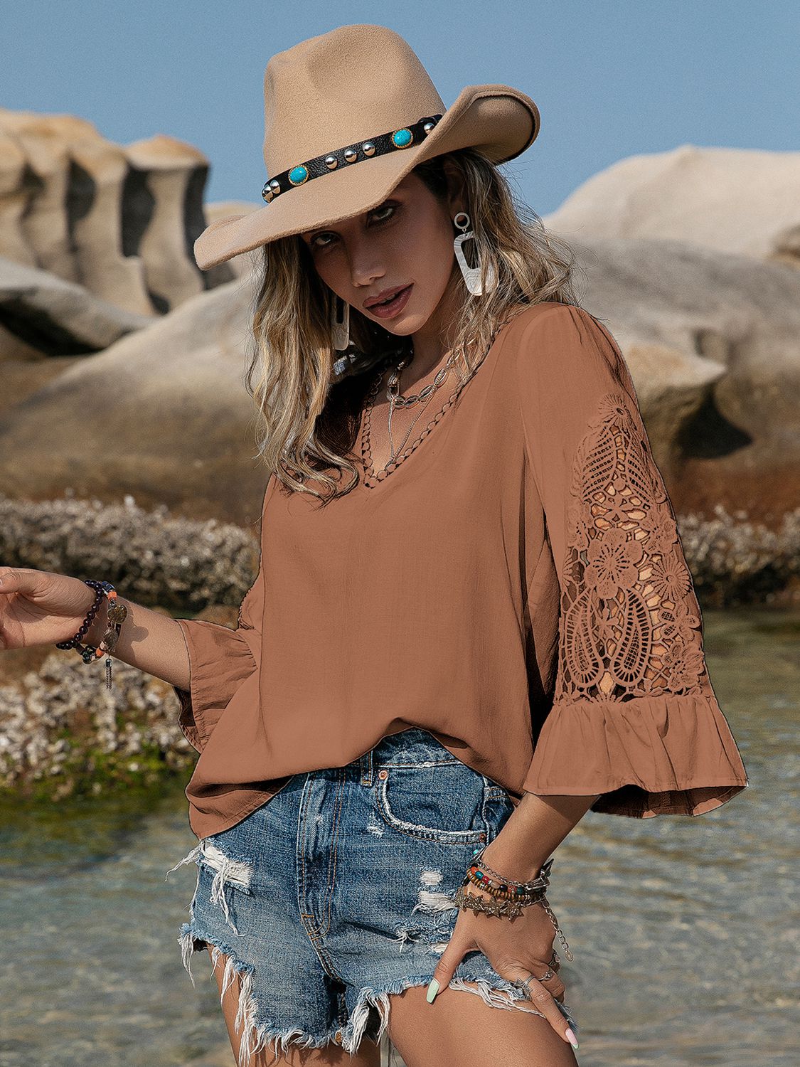Openwork V-Neck Flounce Sleeve Blouse - Image 4