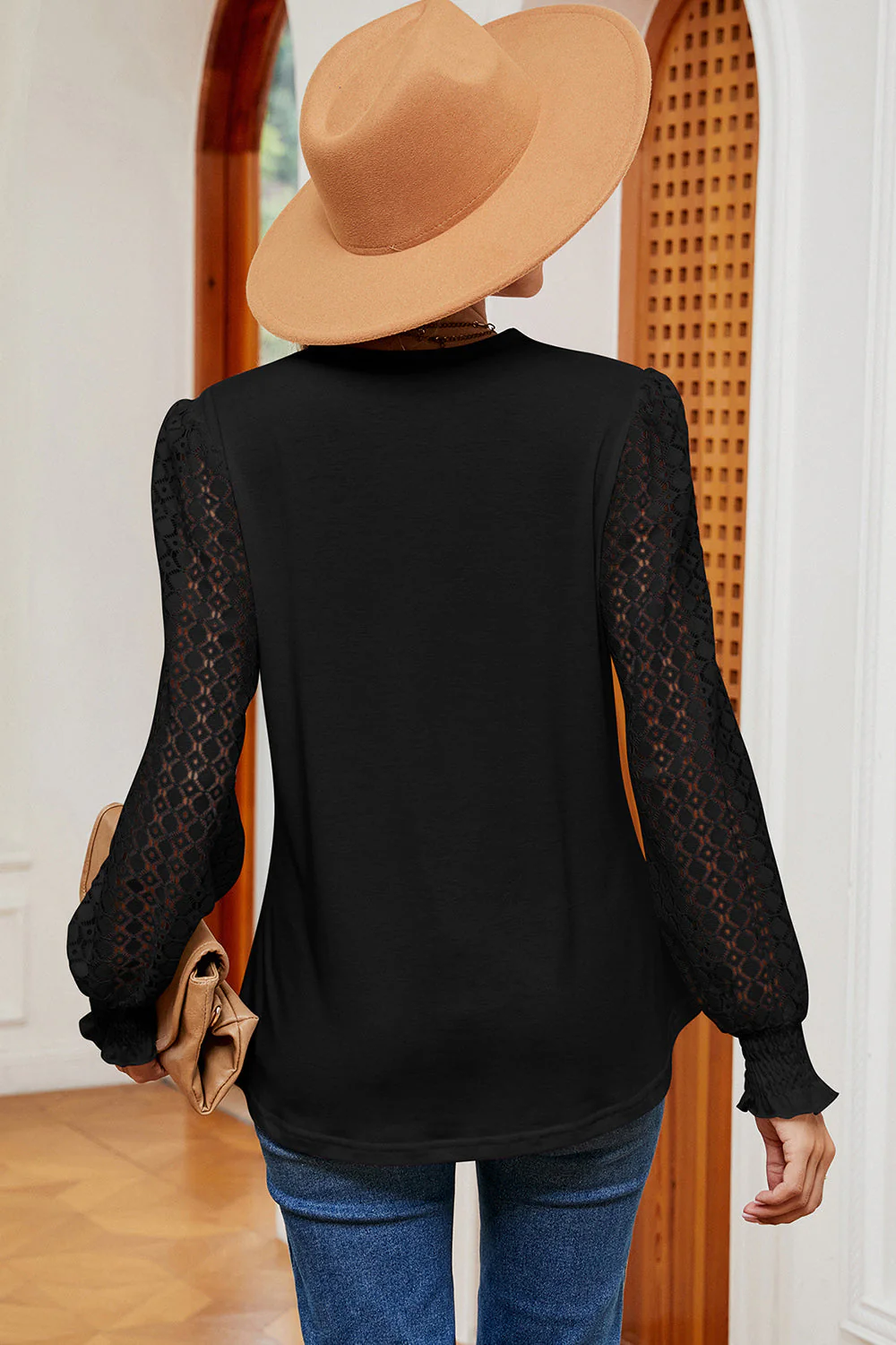 Openwork V-Neck Long Sleeve T-Shirt - Image 12