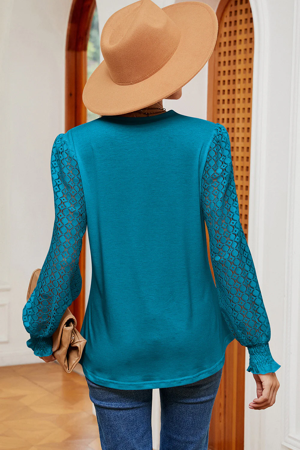 Openwork V-Neck Long Sleeve T-Shirt - Image 15