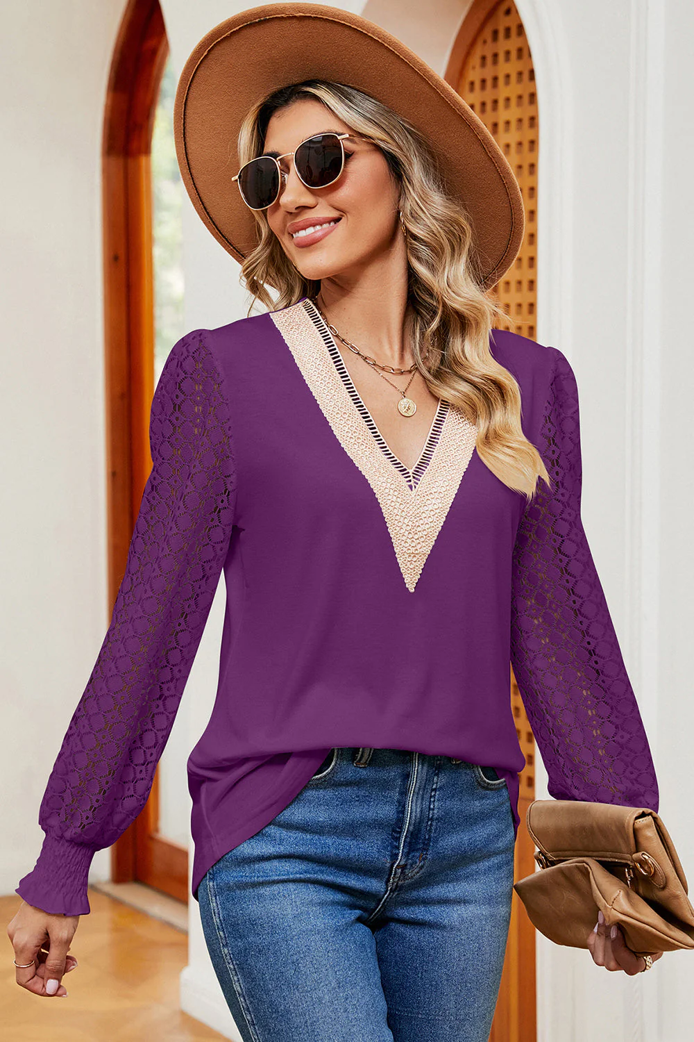 Openwork V-Neck Long Sleeve T-Shirt - Image 16