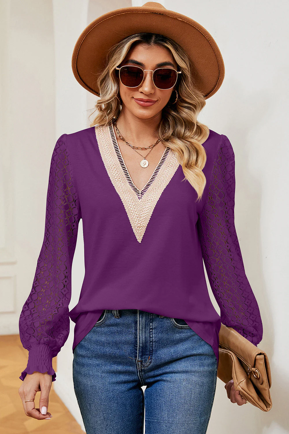 Openwork V-Neck Long Sleeve T-Shirt - Image 17