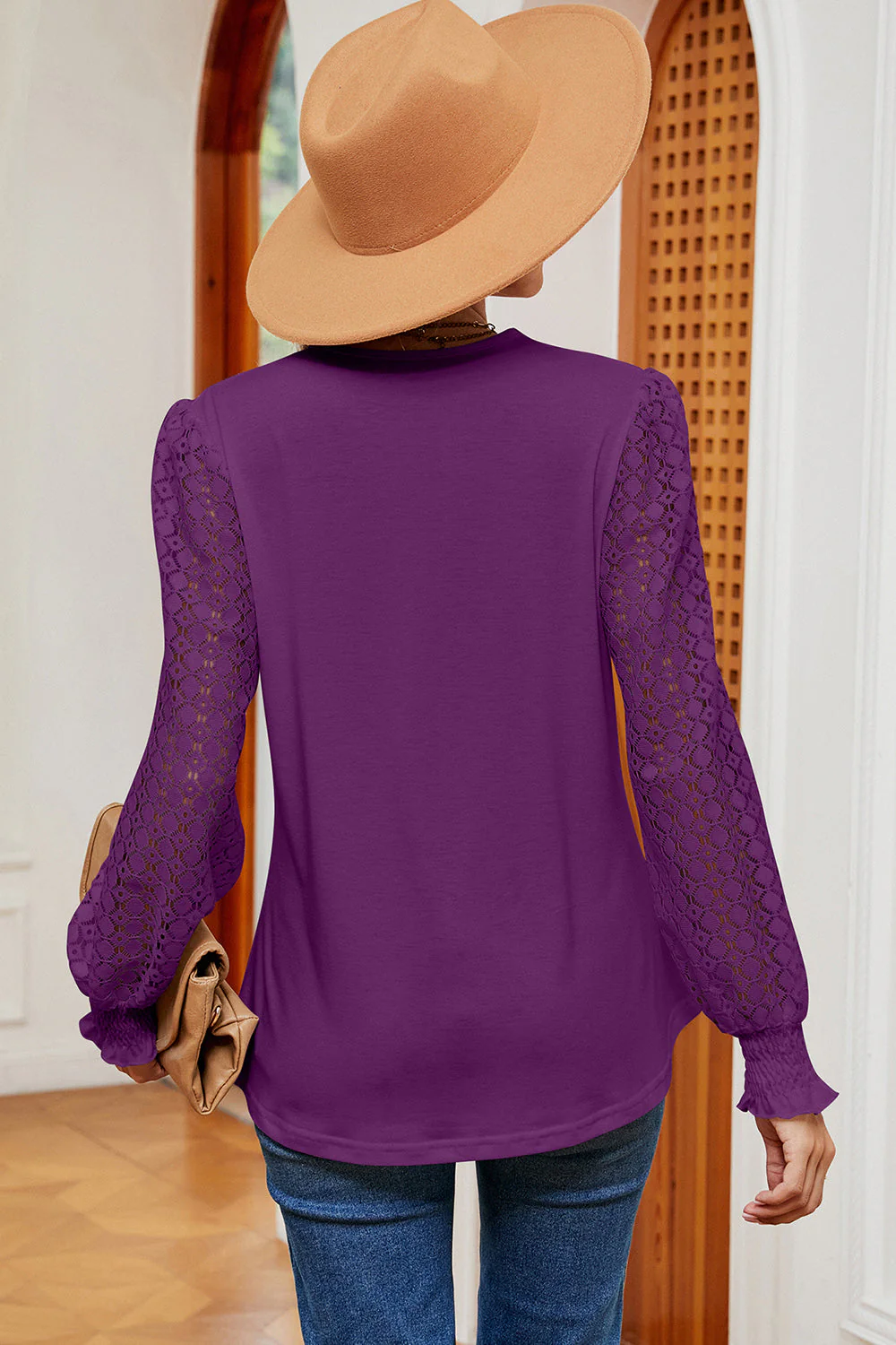 Openwork V-Neck Long Sleeve T-Shirt - Image 18