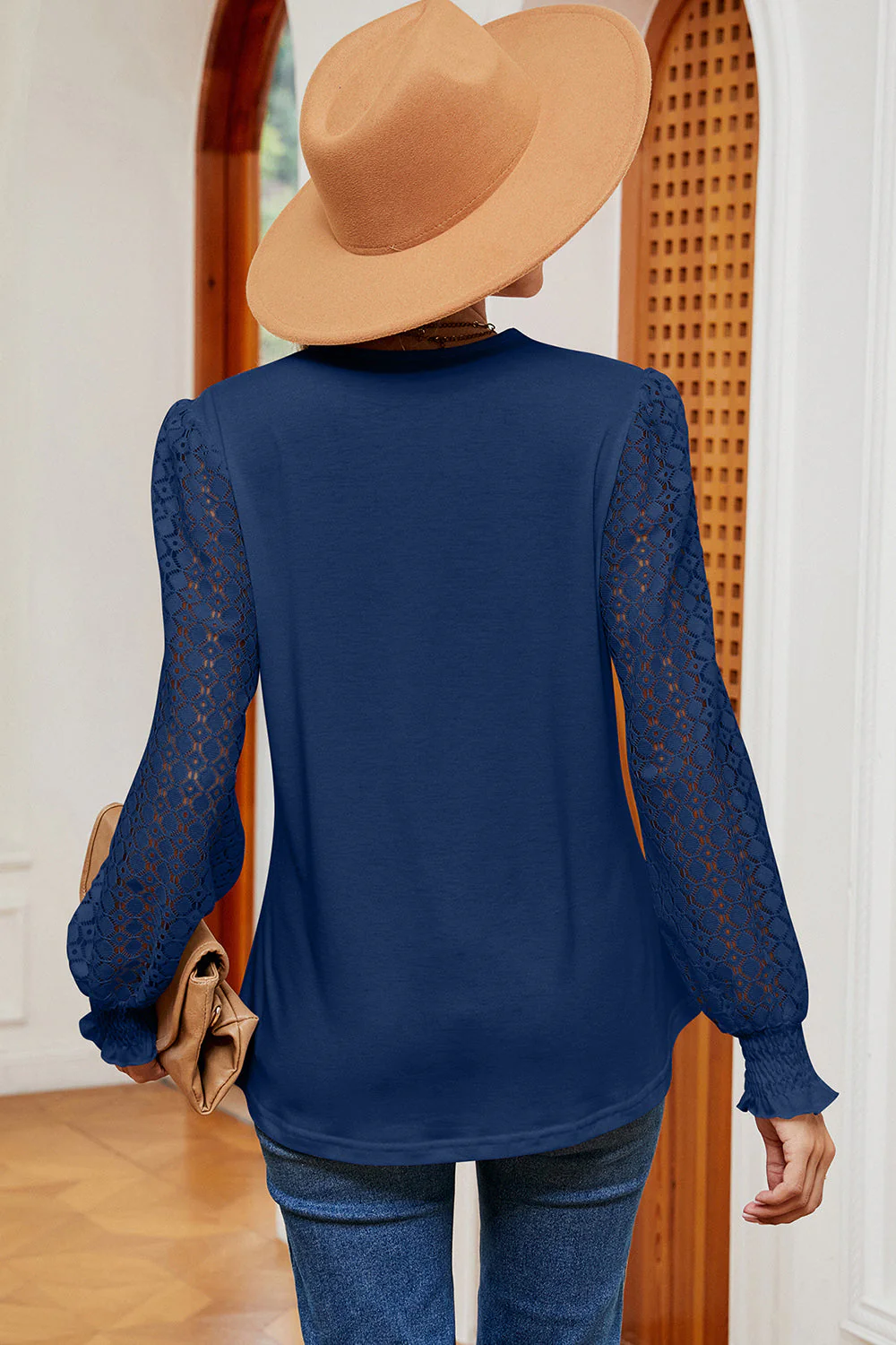 Openwork V-Neck Long Sleeve T-Shirt - Image 6