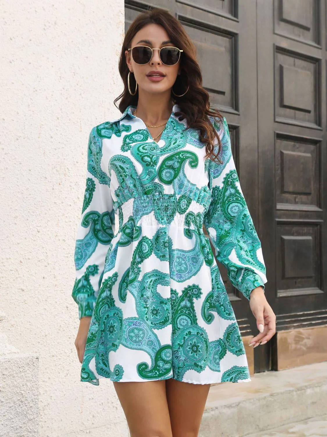 Paisley Print Johnny Collar Smocked Dress - Image 4