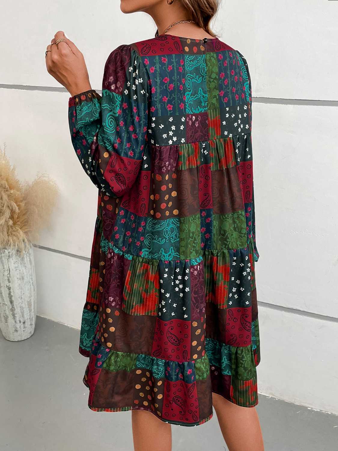 Patchwork Round Neck Long Sleeve Dress - Image 2