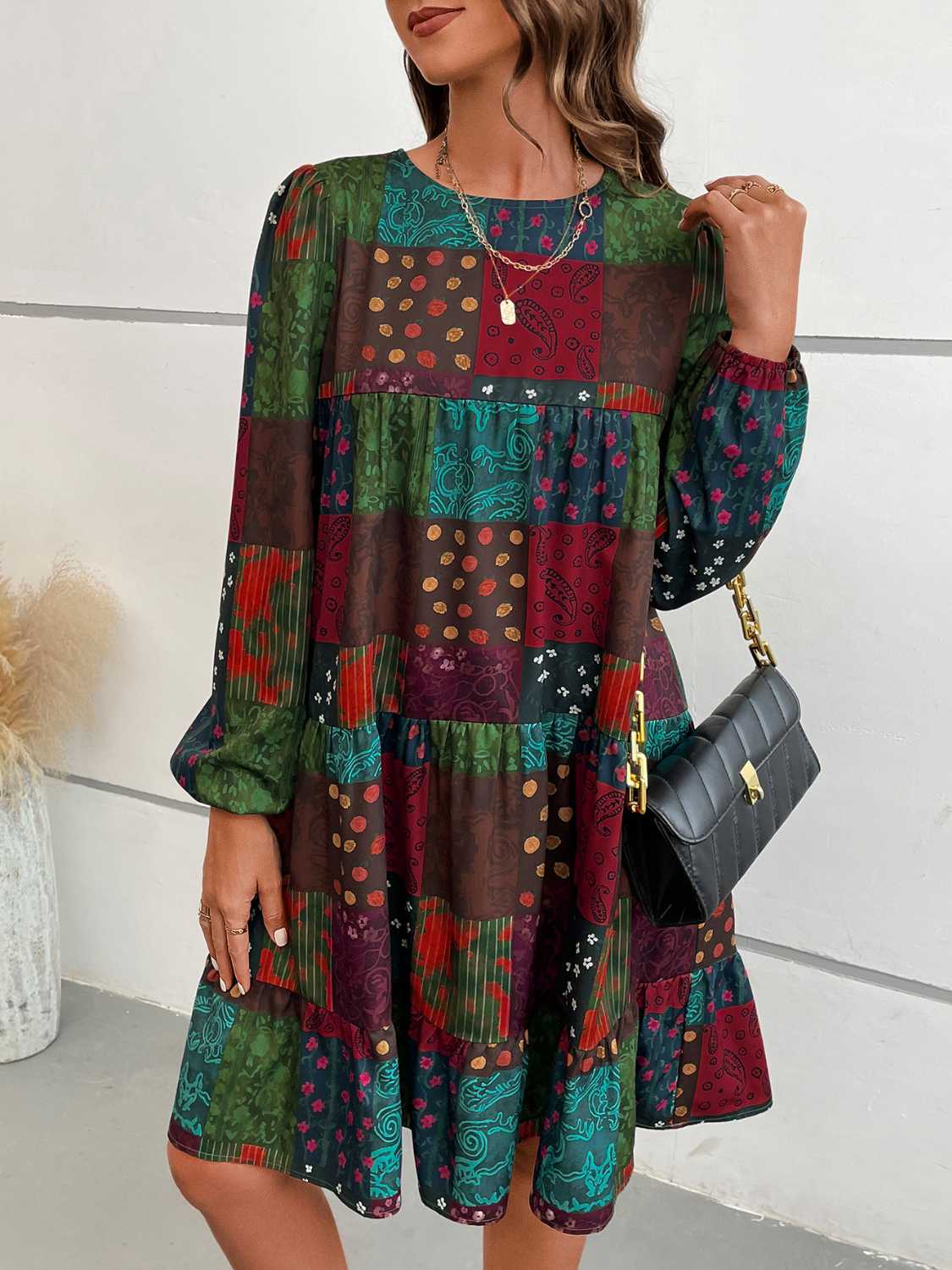 Patchwork Round Neck Long Sleeve Dress - Image 3