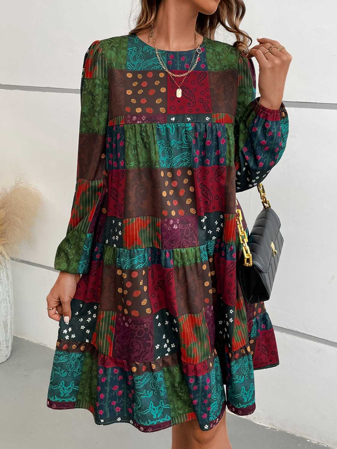 Patchwork Round Neck Long Sleeve Dress - Image 4