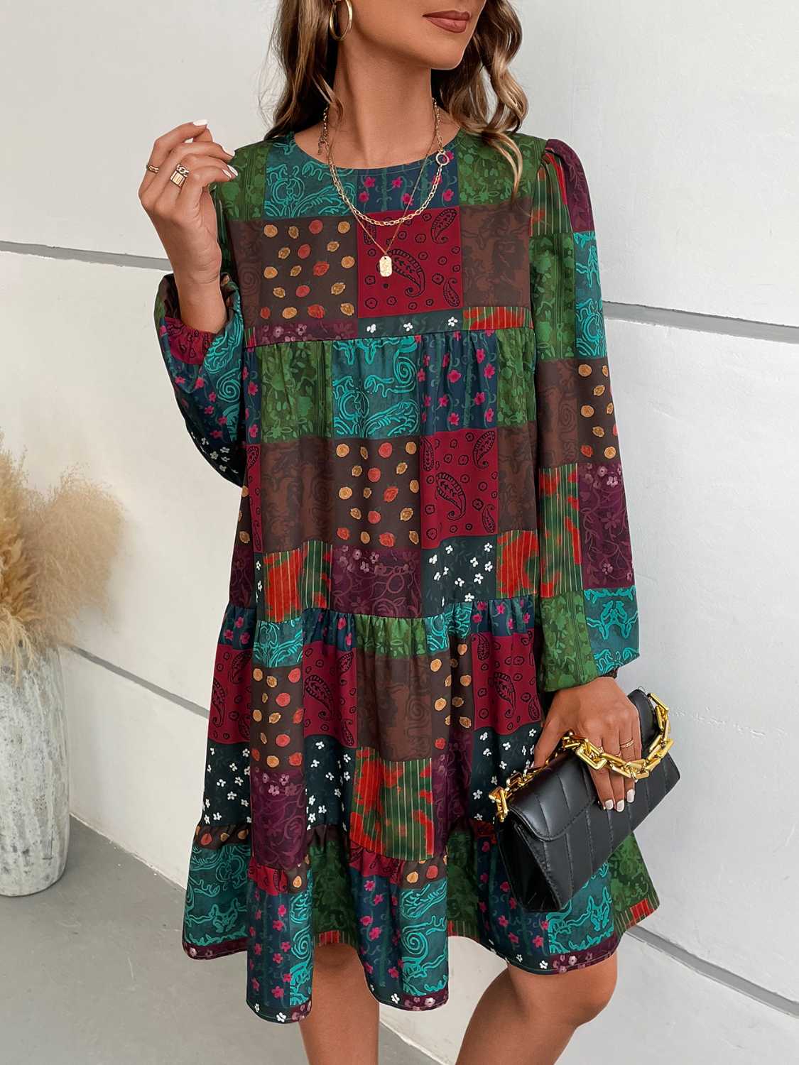 Patchwork Round Neck Long Sleeve Dress - Image 5