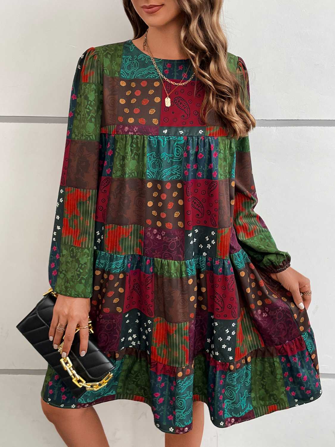 Patchwork Round Neck Long Sleeve Dress - Image 6