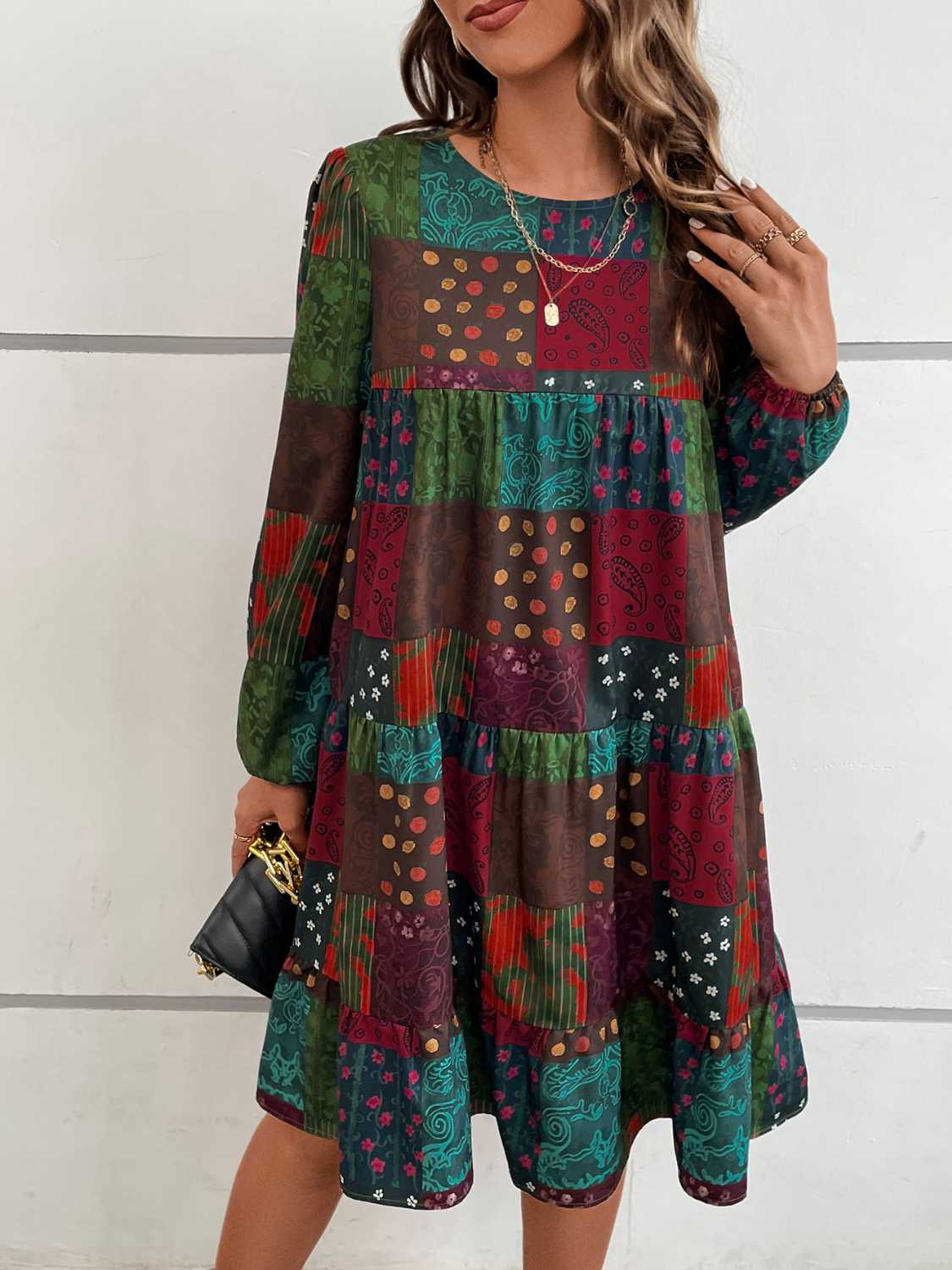 Patchwork Round Neck Long Sleeve Dress - Image 7