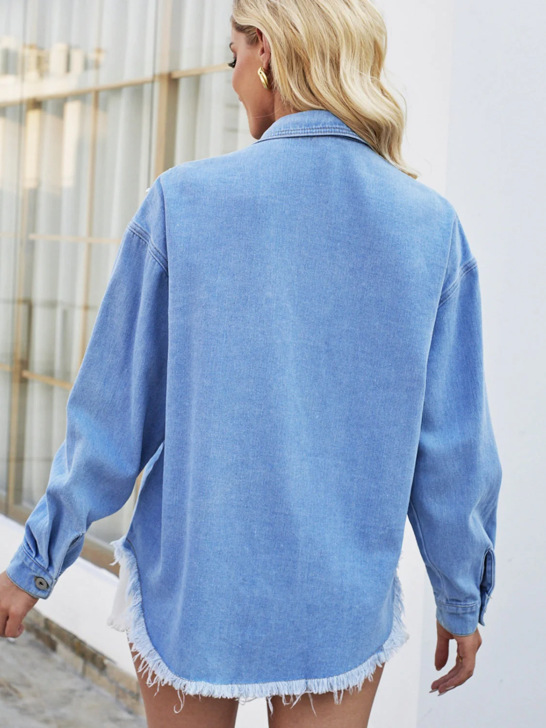 Pearl Detail Pocketed Button Up Denim Jacket - Image 3
