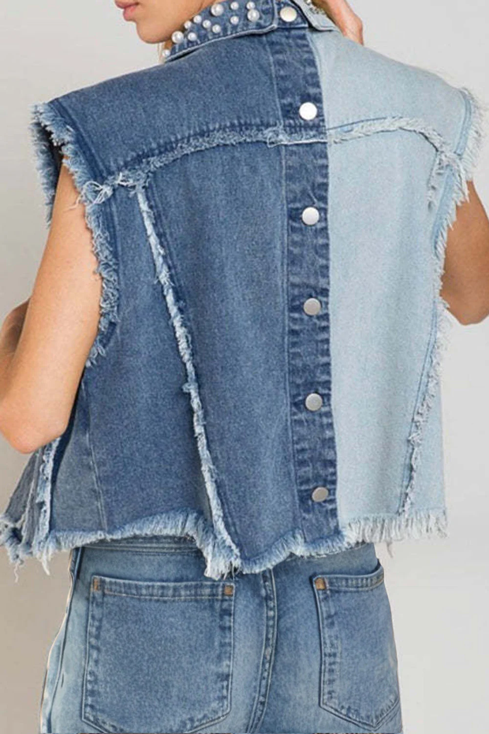 Pearl Raw Hem Sleeveless Denim Jacket - Image 3