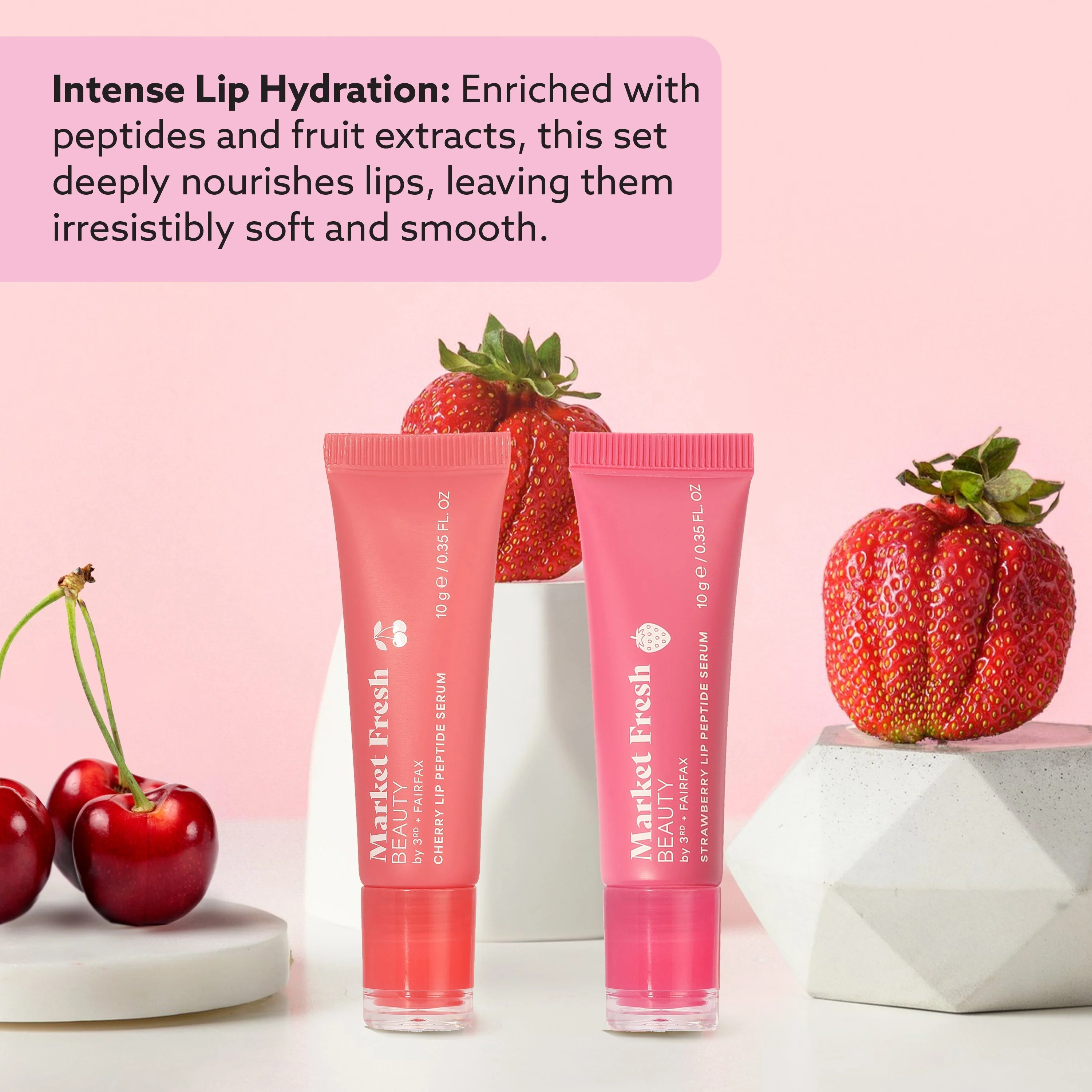 Peptide Glow Lip Serum Set by Market Fresh Beauty - Double Dose Hydrating Lip Care, Cherry & Strawberry Flavors, Vegan, Cruelty-Free, Clean Ingredients, 2 Pack by  Los Angeles Brands - Image 2