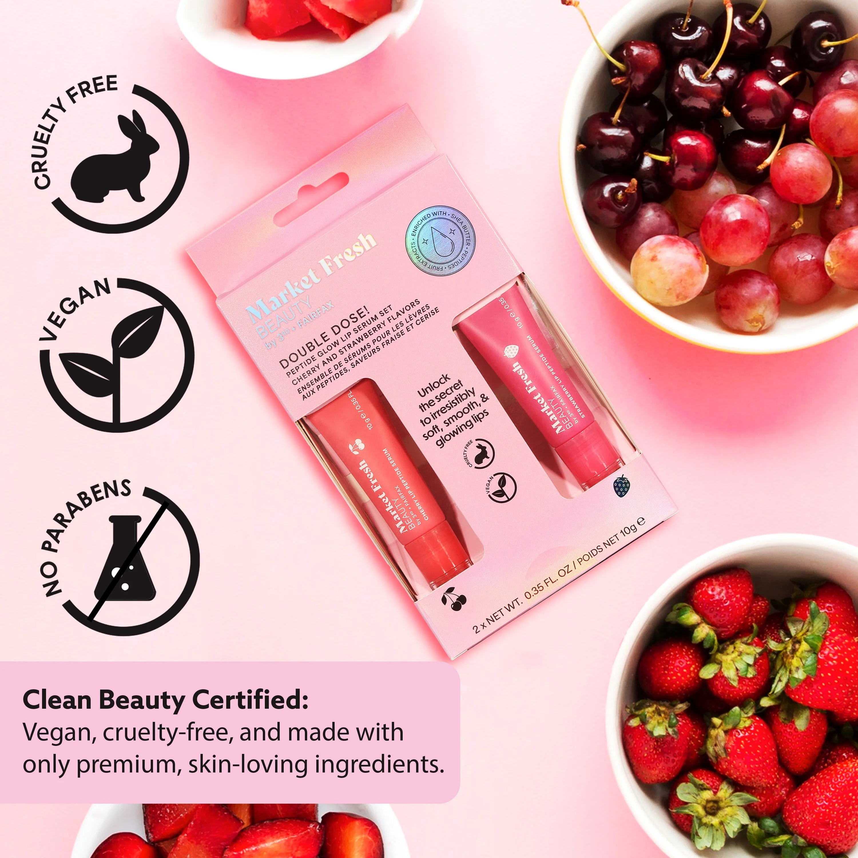 Peptide Glow Lip Serum Set by Market Fresh Beauty - Double Dose Hydrating Lip Care, Cherry & Strawberry Flavors, Vegan, Cruelty-Free, Clean Ingredients, 2 Pack by  Los Angeles Brands - Image 7