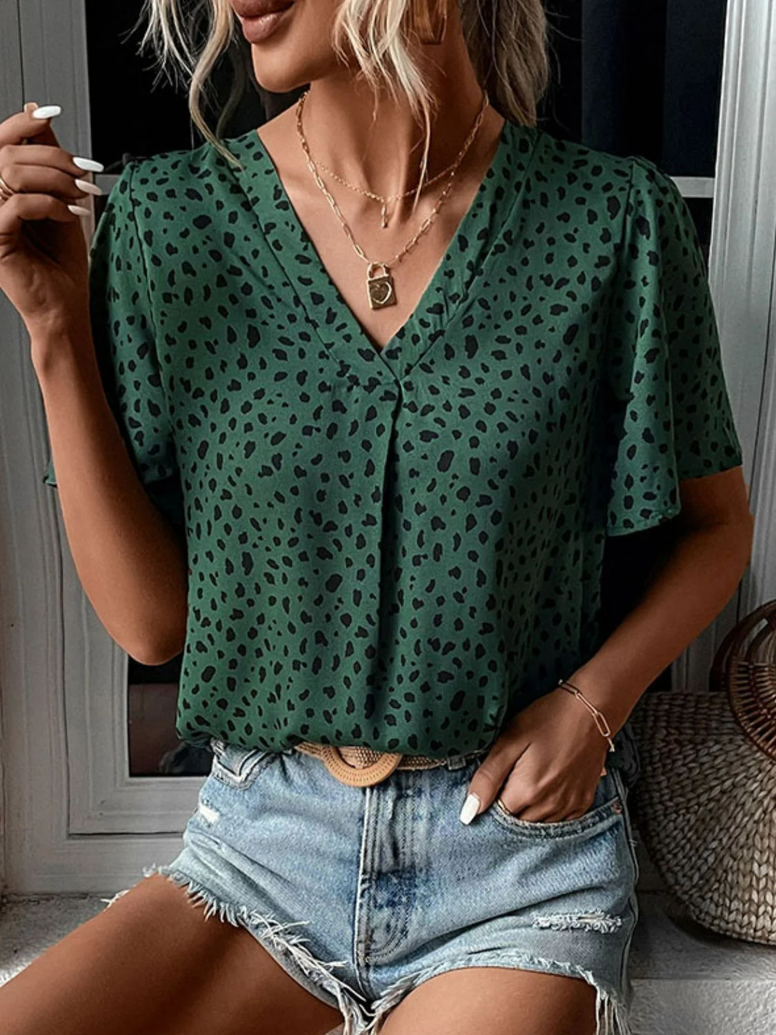 Perfee Animal Print V-Neck Flutter Sleeve Blouse - Image 3