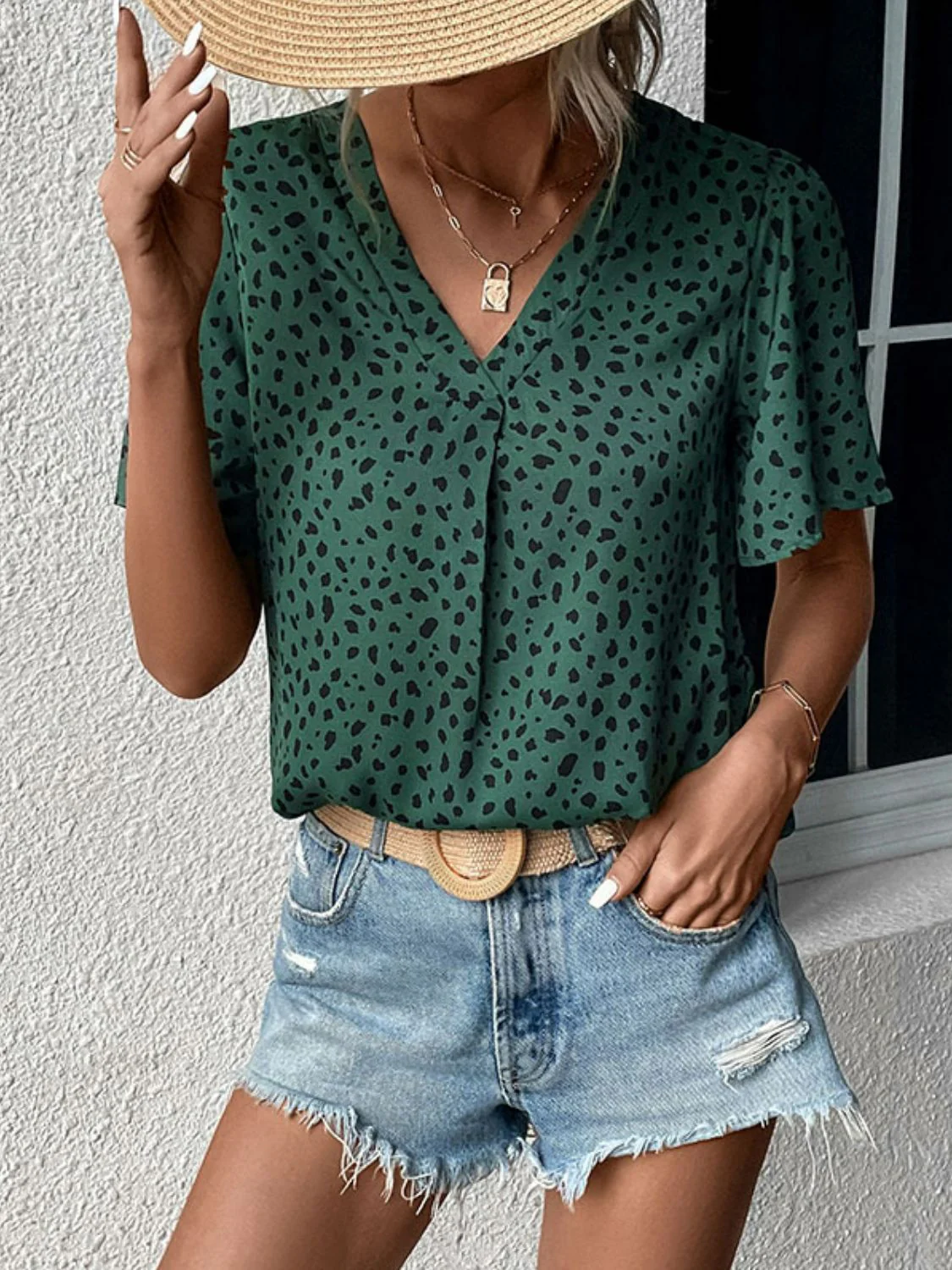 Perfee Animal Print V-Neck Flutter Sleeve Blouse - Image 4