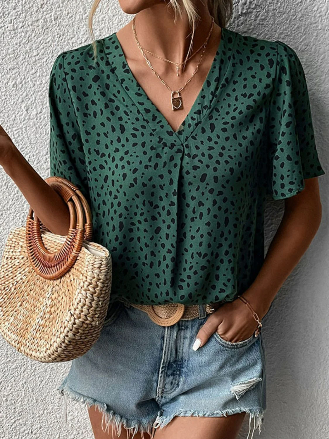 Perfee Animal Print V-Neck Flutter Sleeve Blouse - Image 5