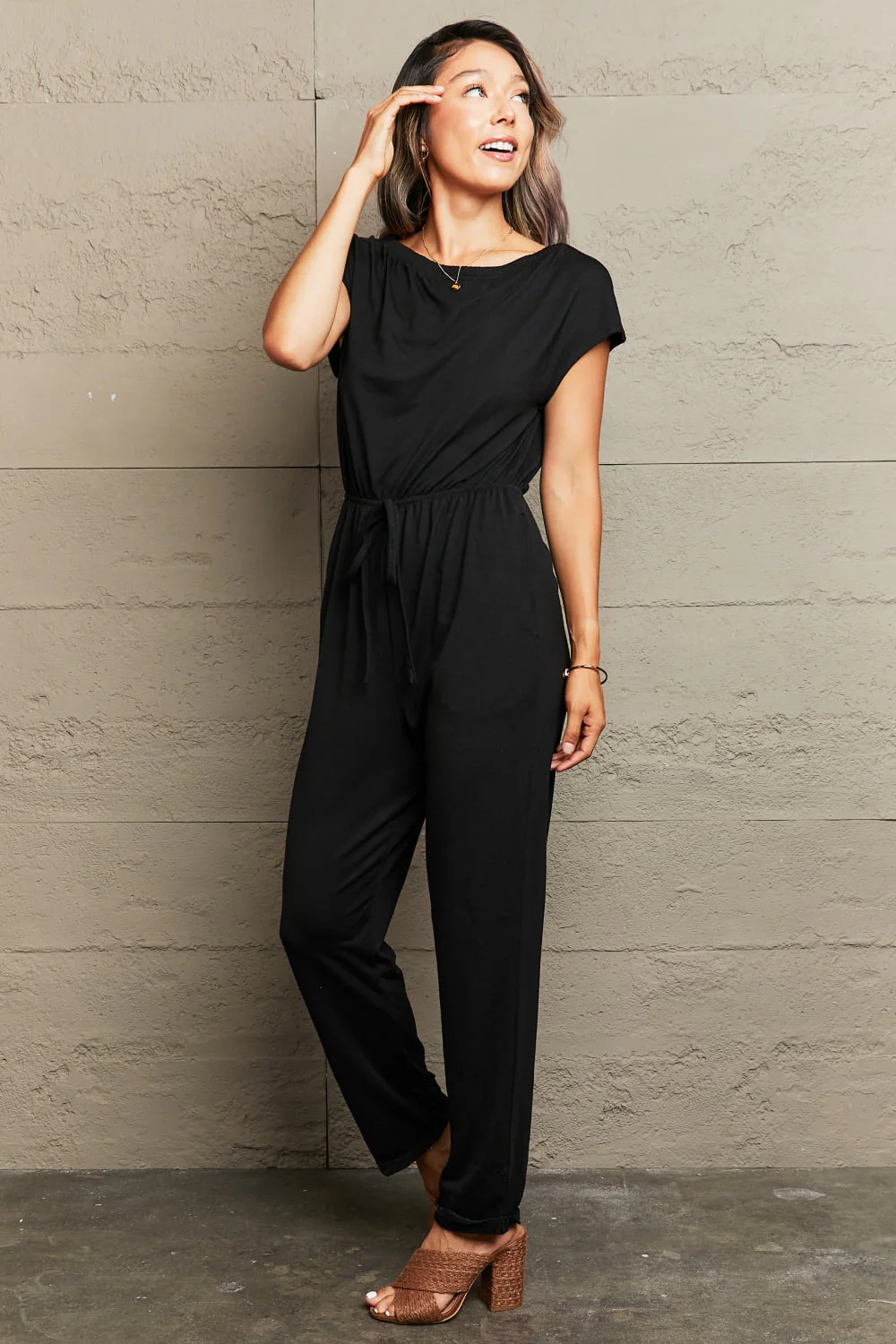 Perfee Boat Neck Short Sleeve Jumpsuit with Pockets - Image 3