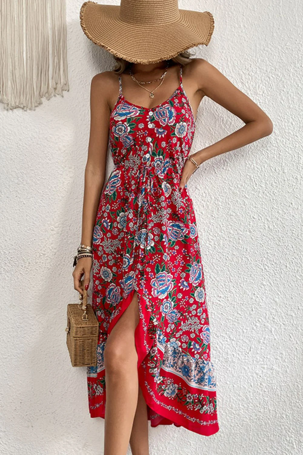 Perfee Bohemian Decorative Button Spaghetti Strap Dress - Image 5