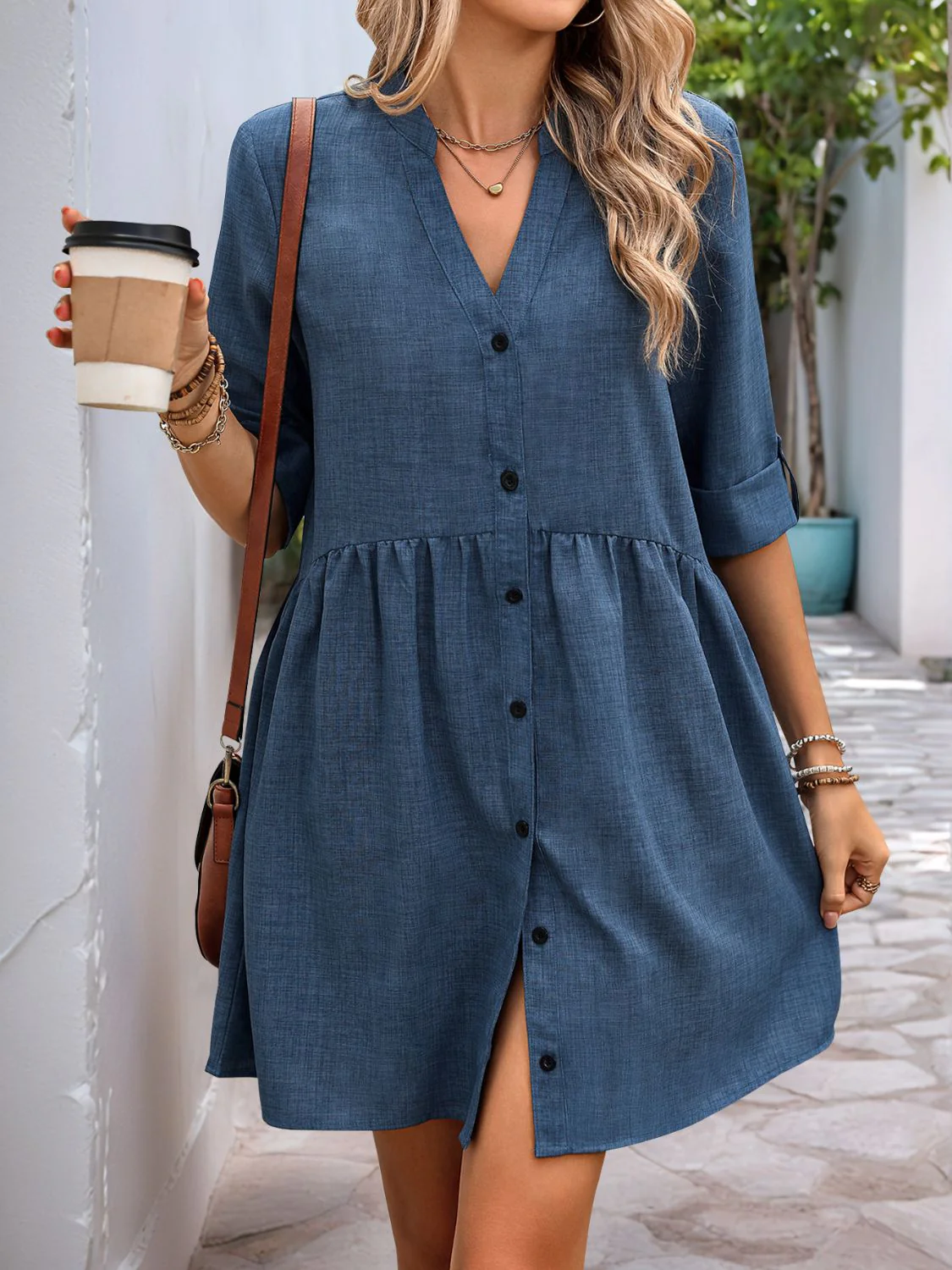 Perfee Button Down Notched Half Sleeve Mini Shirt Dress - Image 2