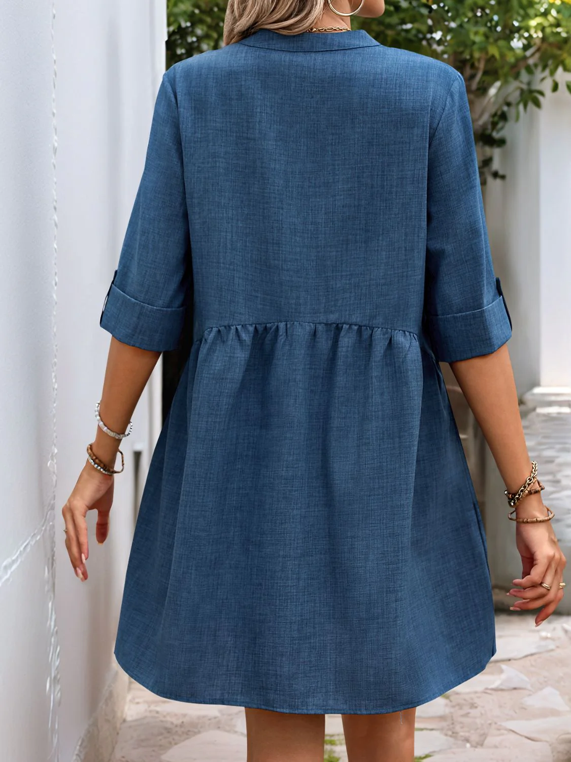Perfee Button Down Notched Half Sleeve Mini Shirt Dress - Image 3