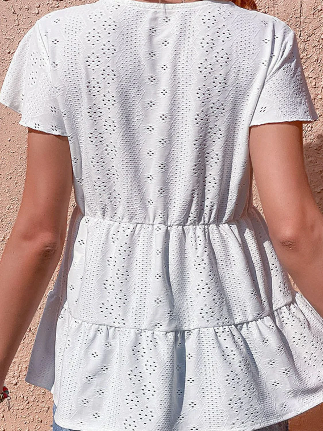 Perfee Button Front Eyelet Flutter Sleeve Tiered Blouse - Image 2