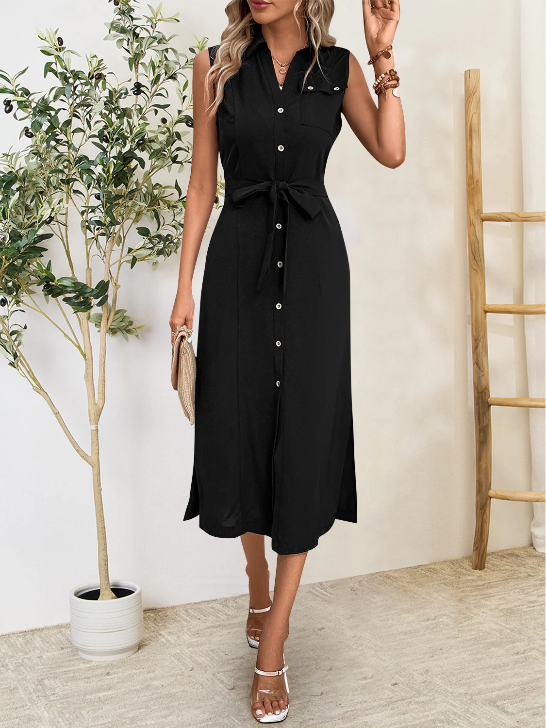 Perfee Button Up Sleeveless Midi Dress - Image 3