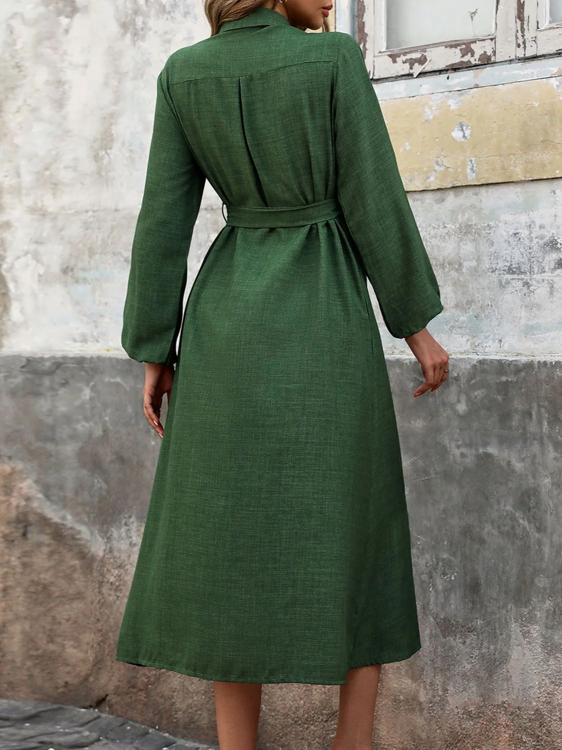 Perfee Collared Neck Long Sleeve Midi Shirt Dress - Image 2