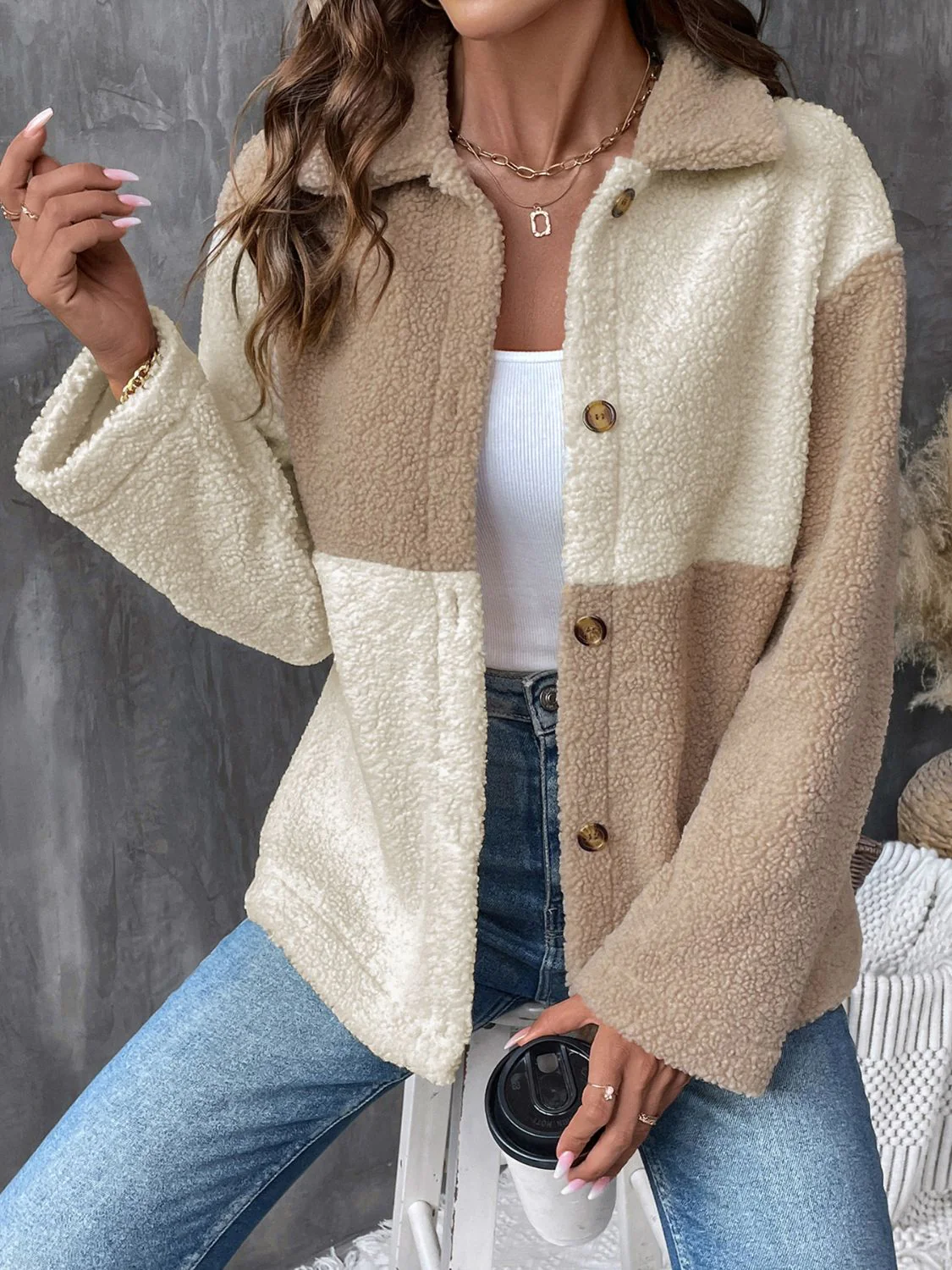 Perfee Color Block Collared Neck Long Sleeve Jacket - Image 5